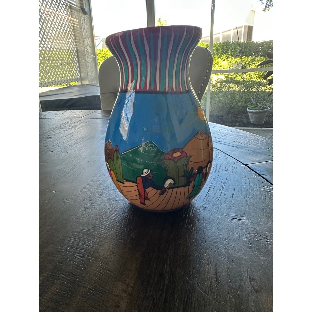 Hand Painted Mexican Pottery Pitcher Folk Art‎ Village Scene signed VGUC